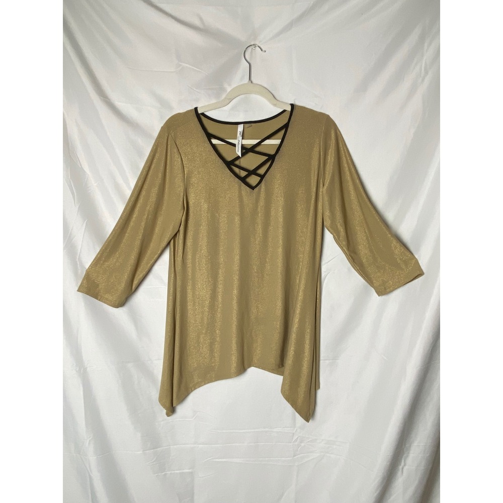 NY Collection Top Medium Gold Crisscross V Neck Long Sleeve Asymmetric‎ Hem